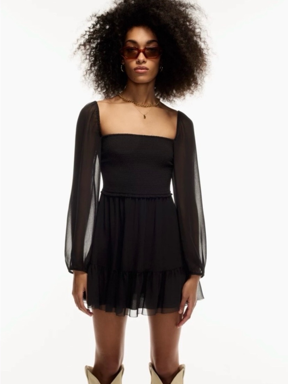 Aritzia Wilfred Tempest Black Chiffon Smocked Mini Dress